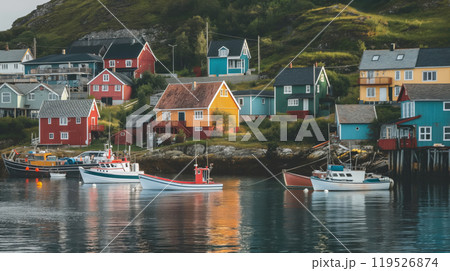 Photo capturing the serene beauty of a picturesque seaside village with vibrant colorful houses and moored boats 119526874