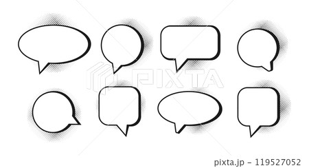 Empty speech bubbles decorated with black halftone shadow in pop art style. Various shapes. Vector illustration 119527052
