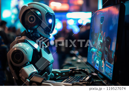 Futuristic robot competes against a human in an intense gaming challenge at a tech event Futuristic robot competes against a human in an intense gaming challenge at a tech event 119527074