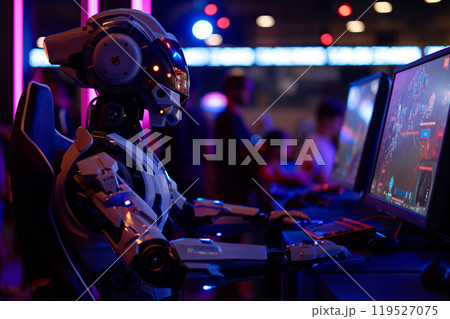Futuristic robot engaged in an intense gaming match against a human opponent at a neon-lit event Futuristic robot engaged in an intense gaming match against a human opponent at a neon-lit event 119527075