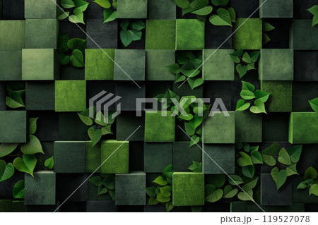 Abstract background featuring a 3d green geometric pattern with leafy accents 119527078