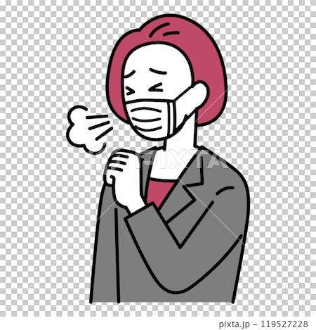 A middle-aged woman in a suit coughing while wearing a mask 119527228