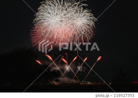 天竜川河川敷の夜空を鮮やかに彩る中野町煙火大会の打ち上げ花火風景(静岡県) 天竜川河川敷の夜空を鮮やかに彩る中野町煙火大会の打ち上げ花火風景(静岡県) 119527355