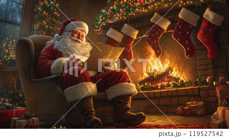 Santa Claus sitting by the fireplace, reading children's letters, surrounded by Christmas decorations, soft warm light creating a cozy atmosphere. Christmas 119527542