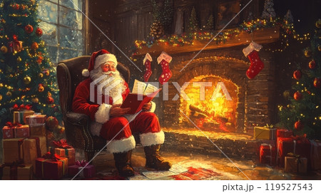 Cozy Santa Claus scene by the fireplace, reading letters with stockings hanging and twinkling lights, warm and inviting. Christmas 119527543