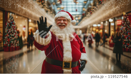 Santa Claus standing in a crowded shopping mall, waving and smiling, colorful Christmas lights and reflections on polished floors. Christmas 119527546