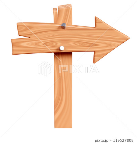 Wooden arrow plaque with cracks and nails on pole for text box. Cartoon 3d render illustration of signboard with brown wood texture. Vintage rustic timber plank, nameplate or board frame with fracture 119527809