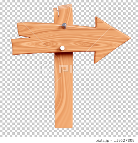Wooden arrow plaque with cracks and nails on pole for text box. Cartoon 3d render illustration of signboard with brown wood texture. Vintage rustic timber plank, nameplate or board frame with fracture 119527809