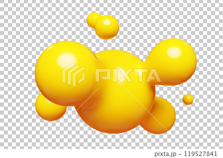 Yellow abstract liquid metaball shape. 3d render illustration of fluid soft bubble blob. Organic bright decorative sphere geometric form. Morphing ball aqua drop or molecule. Flow particles. 119527841