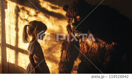 This striking image portrays a little girl clutching her doll, standing in front of a massive, ominous shadow shaped like a monstrous figure, much larger than her. Generative AI This striking image portrays a little girl clutching her doll, standing in front of a massive, ominous shadow shaped like a monstrous figure, much larger than her. Generative AI 119528042
