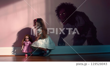 This striking image portrays a little girl clutching her doll, standing in front of a massive, ominous shadow shaped like a monstrous figure, much larger than her. Generative AI This striking image portrays a little girl clutching her doll, standing in front of a massive, ominous shadow shaped like a monstrous figure, much larger than her. Generative AI 119528043