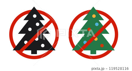 Christmas tree and prohibited circle sign. Christmas celebrating forbidden icon. Xmas ban symbol. Vector illustration isolated on white background 119528116