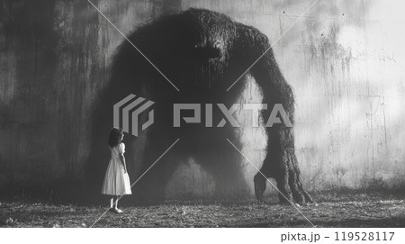 This striking image portrays a little girl clutching her doll, standing in front of a massive, ominous shadow shaped like a monstrous figure, much larger than her. Generative AI 119528117