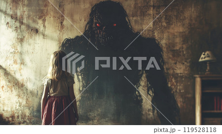 This striking image portrays a little girl clutching her doll, standing in front of a massive, ominous shadow shaped like a monstrous figure, much larger than her. Generative AI 119528118