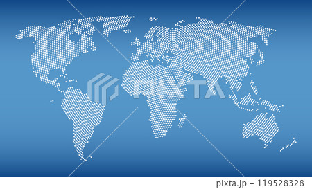 World map with radial dot pattern on steel blue background. White dots going from the center outwards and form the silhouette of the surface of the Earth except Antarctica under Robinson projection. 119528328