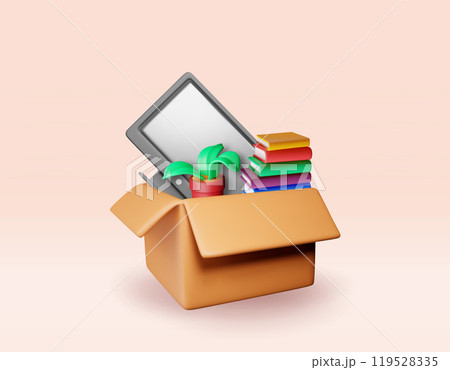 3D open cardboard box with home goods isolated. 119528335