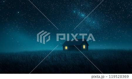 A peaceful, minimalist scene of a small house nestled in the grass, under a vast night sky filled with stars. Generative AI	 119528369