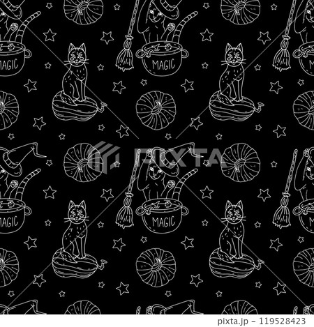 Seamless pattern with cute hand drawn Halloween witchy cats making magic potion in cauldron Seamless pattern with cute hand drawn Halloween witchy cats making magic potion in cauldron 119528423