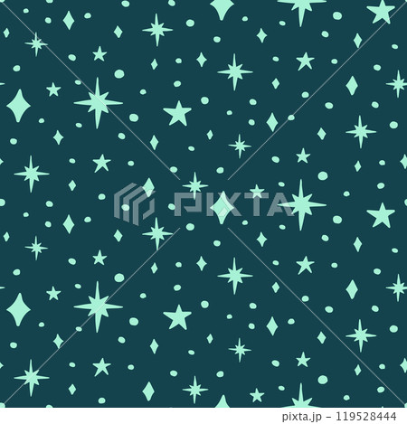 Teal seamless pattern with celestial motifs. Stars background Teal seamless pattern with celestial motifs. Stars background 119528444