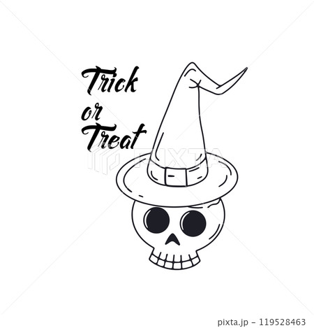Card or poster with cute Halloween illustration with human skull wearing witch hat 119528463