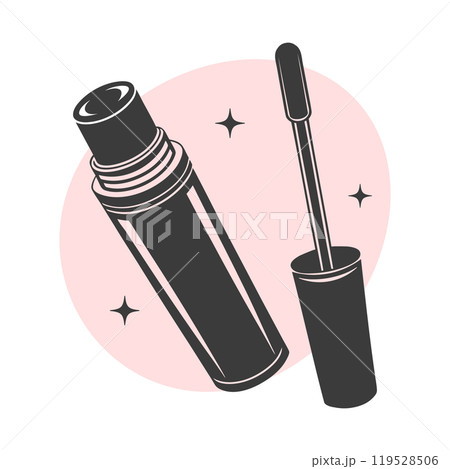 Mascara silhouette, eyelash extension. Beauty salon logo. Mascara icon, eyelashes. Illustration 119528506