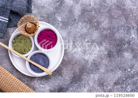 Green, blue and pink matcha powder Green, blue and pink matcha powder 119528600