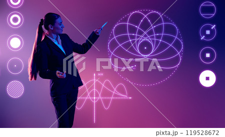 Young woman, in formal suit, presenter discusses graph-based data trends in front of neon lit backdrop. Young woman, in formal suit, presenter discusses graph-based data trends in front of neon lit backdrop. 119528672