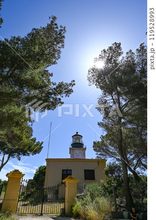 Panoramic view of the lighthouse of Porquerolles island in summer time, French Riviera, France 119528993