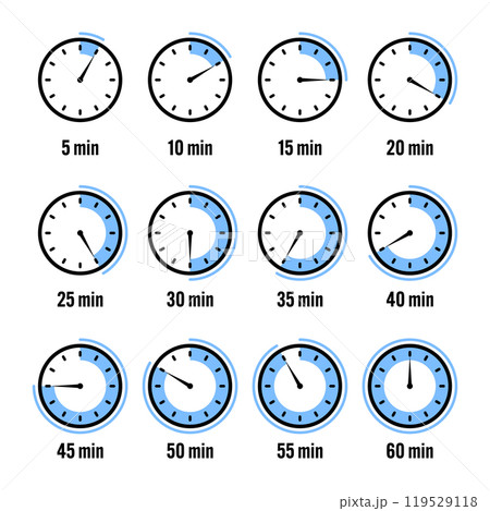 Stopwatch icons. Colorful simple chronometer, time counter with dial. Countdown timer showing hours and minutes. Deadline, measurement for sport. Cooking time label, sticker. Vector illustration Stopwatch icons. Colorful simple chronometer, time counter with dial. Countdown timer showing hours and minutes. Deadline, measurement for sport. Cooking time label, sticker. Vector illustration 119529118