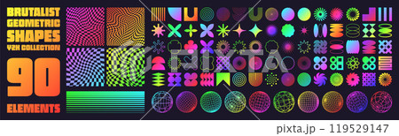 Brutalist geometric shapes, neon modern symbols. Groovy checkered pattern, distorted tiled grid. Simple elements, forms. Retro design, trendy contemporary minimalist style, y2k. Vector illustration 119529147