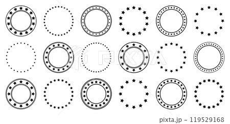 Stars of various sizes arranged in a circle. Round frame, border. Black star shape, simple symbol. Vintage logo, logotype design element, ornament. Vector illustration 119529168