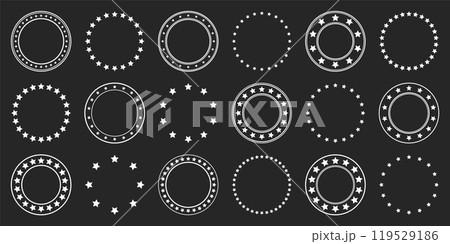Stars of various sizes arranged in a circle. Round frame, border. Black star shape, simple symbol. Vintage logo, logotype design element, ornament. Vector illustration 119529186