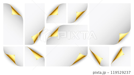 Realistic golden curled page corner set. Greeting card design element. Blank sheet of paper. Vector illustration. 119529237