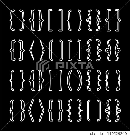 Text brackets collection, black quotation box. Curly, square and corner parentheses. Vintage typographical symbol, calligraphic quote frame. Doodle, lettering element. Vector illustration 119529240