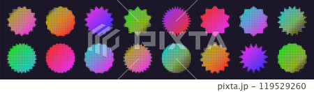 Brutalist geometric shapes, modern symbols. Colorful neon label, sticker, simple primitive star element with halftone effect. Retro design, trendy minimalist style, y2k. Vector illustration Brutalist geometric shapes, modern symbols. Colorful neon label, sticker, simple primitive star element with halftone effect. Retro design, trendy minimalist style, y2k. Vector illustration 119529260