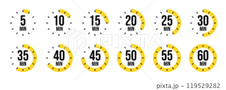 Simple stopwatch icons. Colorful chronometer, time counter with dial. Countdown timer showing hours and minutes. Deadline, measurement for sport. Cooking time label, sticker. Vector illustration Simple stopwatch icons. Colorful chronometer, time counter with dial. Countdown timer showing hours and minutes. Deadline, measurement for sport. Cooking time label, sticker. Vector illustration 119529282