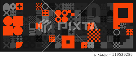 Brutalist geometric shapes, gray and orange symbols. Simple primitive elements and forms. Retro design, trendy contemporary minimalist style. Vector illustration 119529289