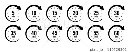 Stopwatch icons with pointer arrow. Chronometer, time counter with dial. Countdown time, hours and minutes. Deadline, sport measurement. Cooking time label, sticker. Vector illustration 119529301