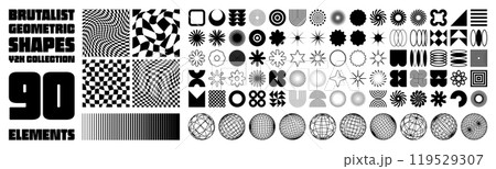 Brutalist geometric shapes, modern symbols. Groovy checkered pattern, distorted tiled grid. Simple elements, forms. Retro design, trendy contemporary minimalist style, y2k. Vector illustration 119529307