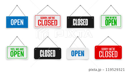 Realistic open or closed hanging signboards. Vintage door sign for cafe, restaurant, bar or retail store. Announcement banner, information signage for business or service. Vector illustration 119529321