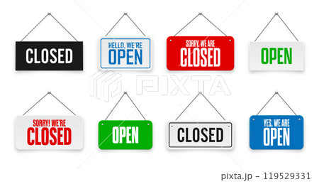 Realistic open or closed hanging signboards. Vintage door sign for cafe, restaurant, bar or retail store. Announcement banner, information signage for business or service. Vector illustration 119529331