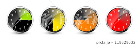 Wall clock, stopwatch icons. Shiny metal chronometer, time counter with dial. Colorful countdown timer showing minutes and seconds. Time measurement for sport, start and finish. Vector illustration Wall clock, stopwatch icons. Shiny metal chronometer, time counter with dial. Colorful countdown timer showing minutes and seconds. Time measurement for sport, start and finish. Vector illustration 119529332