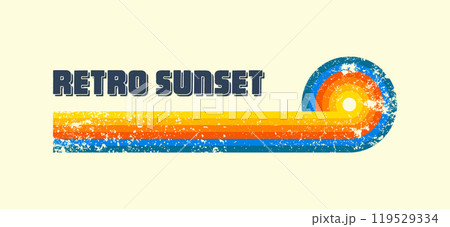 Grunge horizontal vintage sunset. Various colorful striped sunrise badges in 80s and 90s style. Sun and ocean view, summer vibes, surfing. Design element, print, logo or t-shirt. Vector illustration 119529334