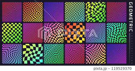 Groovy checkered pattern, colorful distorted tiled grid. Vintage wavy curved backdrop, distortion effect. Funky geometric chessboard texture, retro background in 90s style, y2k. Vector illustration 119529370
