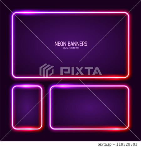 Glowing neon banners, illuminated colorful square frames. Shiny vibrant border, glow effect. Purple vintage retro lights, night illumination. Modern futuristic UI design elements. Vector illustration 119529503