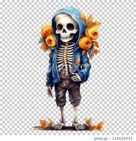 Skeleton Wearing a Blue Hoodie with Yellow Roses 119529531