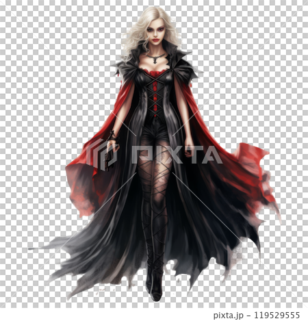 A Blonde Woman Wearing a Black Dress and a Red Cape 119529555