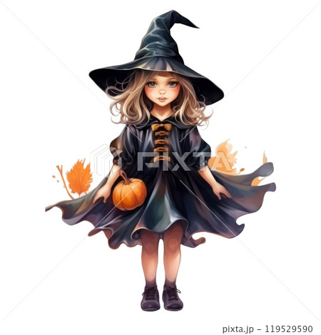 A Young Witch in a Pointed Hat Holds a Pumpkin 119529590