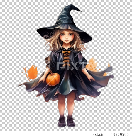 A Young Witch in a Pointed Hat Holds a Pumpkin 119529590