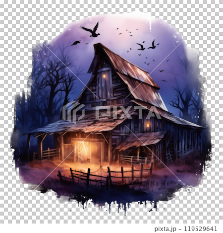 A Rustic Barn Under a Twilight Sky with Flocks of Birds 119529641